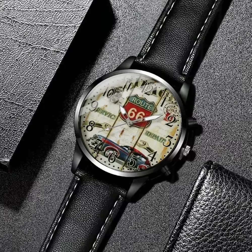 Men's Round Route 66 Watch Dial Black Case Black Faux Leather Strap New